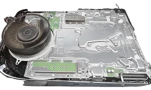 Disassembled PS5 console showing internal disc drive and motherboard