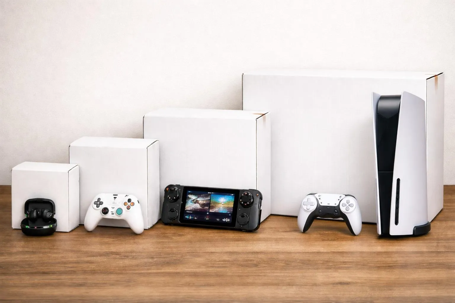 Gaming consoles and controllers with white shipping boxes
