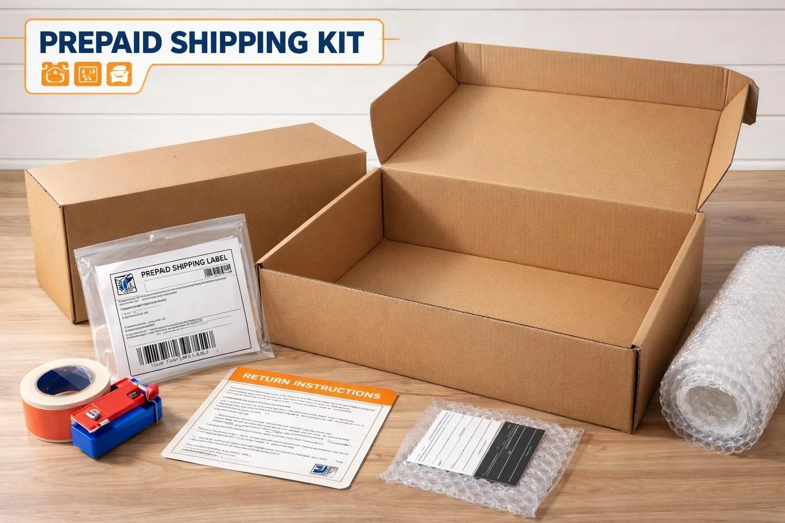 Mail-in repair shipping kit with box, label, and bubble wrap